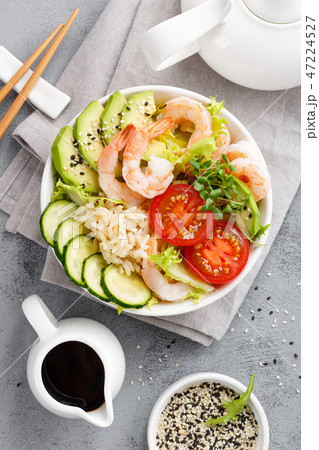 Hawaiian poke bowl with shrimps and rice 47224527