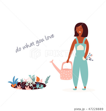 Happy farmer girl planting flowers. Spring works Happy farmer girl planting flowers. Spring works 47228889