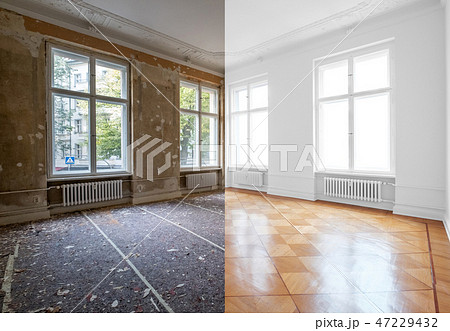 flat renovation, empty room before and after  47229432