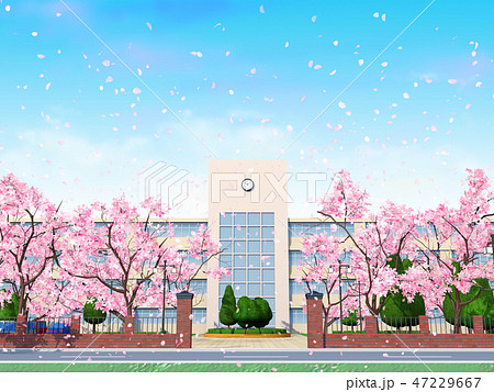 桜 学校 卒業 入学 春 校門 桜吹雪のイラスト素材
