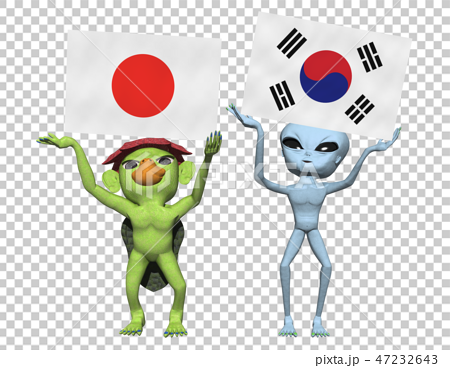日本 韓国国旗とキャラクターのイラスト素材