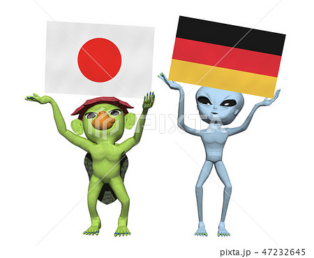 日本 ドイツ国旗とキャラクターのイラスト素材