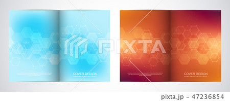 Bi fold brochure template with hexagons pattern. Geometric abstract background of molecular 47236854