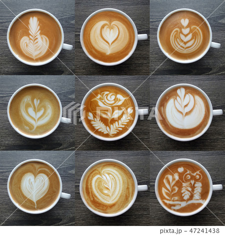 Collection of top view of latte art coffee. Collection of top view of latte art coffee. 47241438