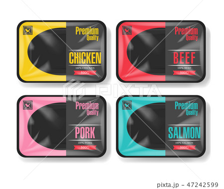 Plastic tray container with cellophane cover. Mockup template for your design. Plastic food Plastic tray container with cellophane cover. Mockup template for your design. Plastic food 47242599