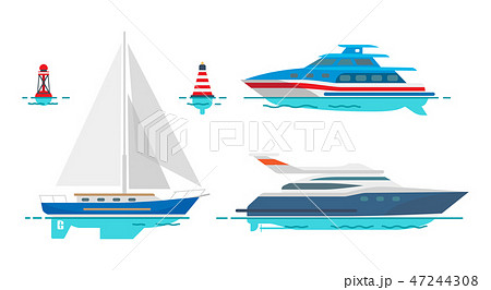 Modern Motor Yachts and White Sailboat on Water Modern Motor Yachts and White Sailboat on Water 47244308