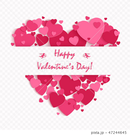 Arrangement in the shape of a heart, pink color, drawn from a variety of hearts, frame. 47244645