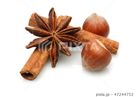 Star anise with cinnamon sticks and hazelnuts 47244752