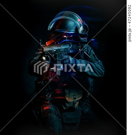 one soldier police swat tactical forces man isolated black backg 47245092