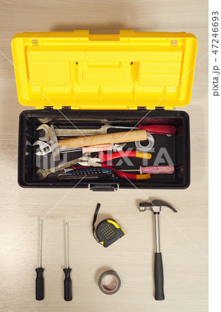 Box with tools on white background Box with tools on white background 47246693