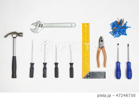 Tools and nails in composition on white background 47246730