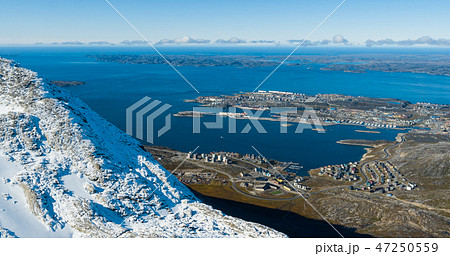 Greenland travel in capital Nuuk - aerial view of largest city in Greenland 47250559