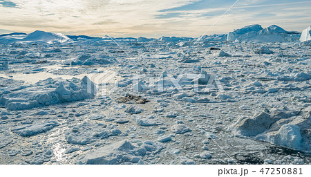 Arctic nature landscape with icebergs in Greenland icefjord - aerial drone image Arctic nature landscape with icebergs in Greenland icefjord - aerial drone image 47250881