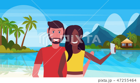 mix race couple taking selfie photo lovers on tropical beach water bungalow house landscape summer mix race couple taking selfie photo lovers on tropical beach water bungalow house landscape summer 47255464