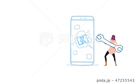 woman mechanic engineer holding wrench near smartphone screen digital mobile device support service 47255543