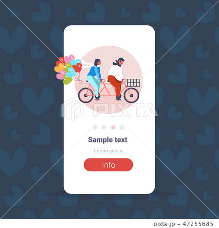 couple riding tandem bicycle with heart shapes air balloons happy valentines day holiday concept man couple riding tandem bicycle with heart shapes air balloons happy valentines day holiday concept man 47255685
