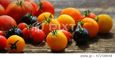 Heirloom variety tomatoes on rustic table. Colorful tomato - red,yellow , black, orange. Harvest Heirloom variety tomatoes on rustic table. Colorful tomato - red,yellow , black, orange. Harvest 47258648