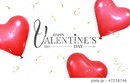 Valentines Day banner design, with realistic heart shape red helium balloons and gold confetti 47258746