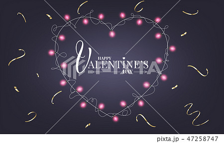 Valentines Day banner with realistic heart shape lamps lights garland and gold confetti 47258747