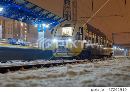 Kyiv, Ukraine - December 14, 2018: The rail bus PESA 620M travel from Kyiv to Boryspil airport. At Kyiv, Ukraine - December 14, 2018: The rail bus PESA 620M travel from Kyiv to Boryspil airport. At 47262910