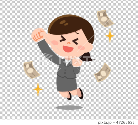 お金を稼ぐスーツ姿の女性 ガッツポーズ のイラスト素材