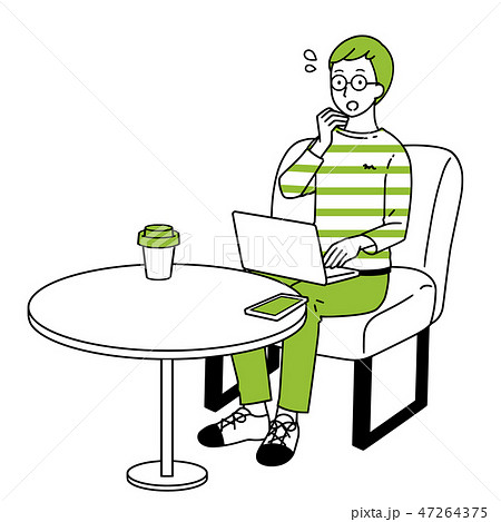 カフェでパソコン操作をする男性 のイラスト素材