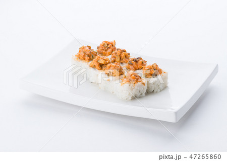 Japanese food restaurant, sushi maki gunkan roll plate or platter set. Sushi set and composition Japanese food restaurant, sushi maki gunkan roll plate or platter set. Sushi set and composition 47265860