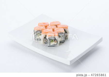 Japanese food restaurant, sushi maki gunkan roll plate or platter set. Sushi set and composition Japanese food restaurant, sushi maki gunkan roll plate or platter set. Sushi set and composition 47265861