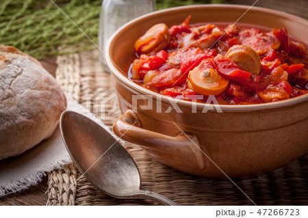 Lecho - stew with peppers, onions and sausages. 47266723