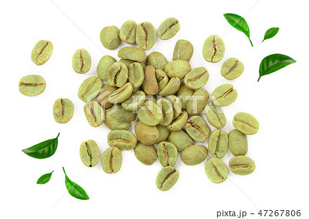 green coffee beans isolated on white background close up. Top view. Flat lay 47267806