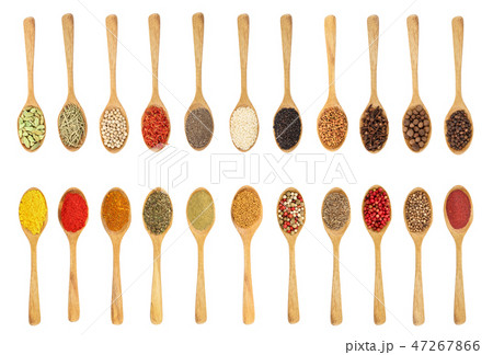 mix of spices in wooden spoon isolated on a white background. Top view. Flat lay. Set or collection mix of spices in wooden spoon isolated on a white background. Top view. Flat lay. Set or collection 47267866