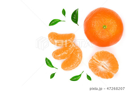 orange or tangerine with leaves isolated on white background. Flat lay, top view. Fruit composition 47268207