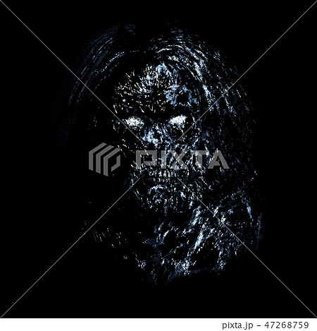 Grim blue zombie woman face on black background. 47268759