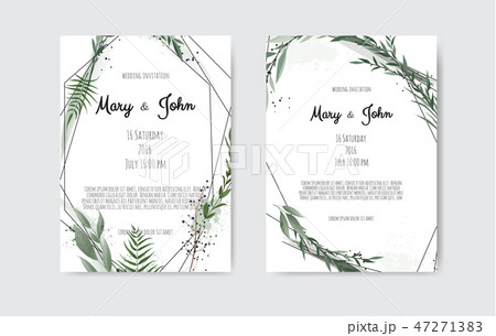 Set of card with leaves and geometrical frame. Floral poster, invite. 47271383