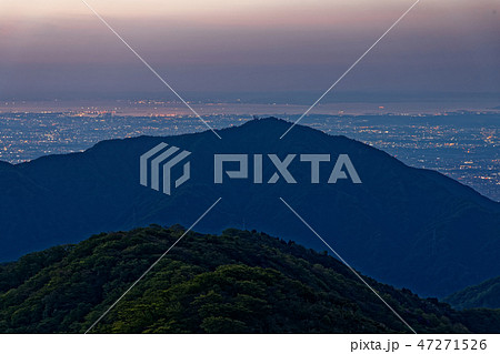 丹沢・塔ノ岳から見る未明の大山と横浜方面の街並み 47271526