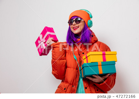 girl with purple hair with headphones and gifts girl with purple hair with headphones and gifts 47272166