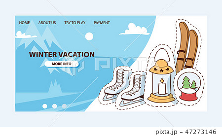 Winter vocation vector illustration. Ski, skates, candles, snow-globe badges, patches and stickers Winter vocation vector illustration. Ski, skates, candles, snow-globe badges, patches and stickers 47273146