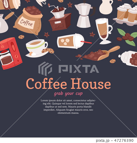 Coffee house banner, poster vector illustration with cartoon cappuccino, cups, seeds arabica Coffee house banner, poster vector illustration with cartoon cappuccino, cups, seeds arabica 47276390