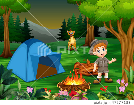 Boys in camping outfit with a hyena in the campsit 47277183