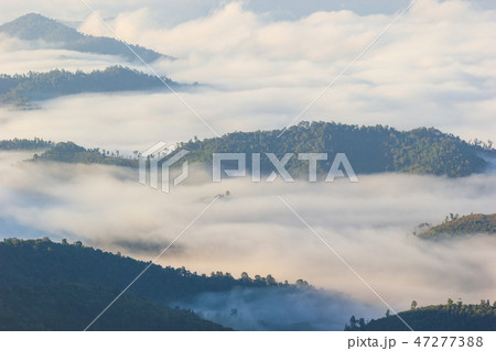 Fog moves along the mountains in the morning. Fog moves along the mountains in the morning. 47277388