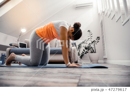 Concentrated woman having sportive session at home 47279617