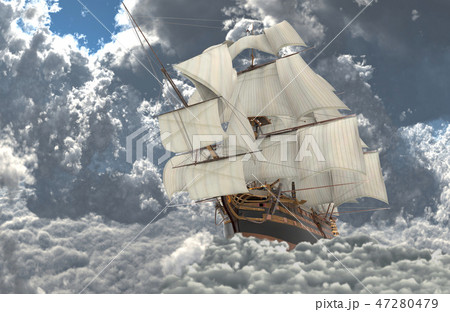 Sailboat flying above the clouds 3d illustration 47280479