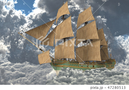 Sailboat flying above the clouds 3d illustration Sailboat flying above the clouds 3d illustration 47280513