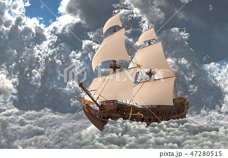 Sailboat flying above the clouds 3d illustration 47280515