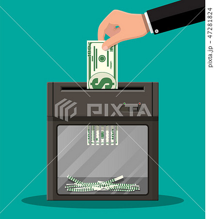 Hand putting dollar banknote in shredder machine 47281824