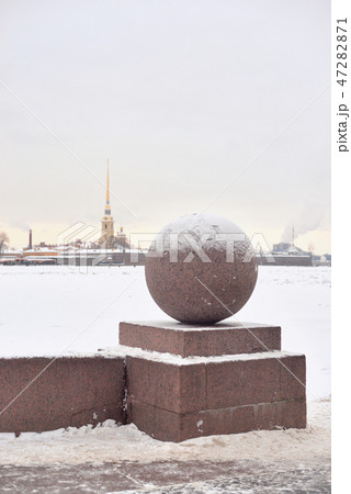 Granite ball on the Arrow of Vasilievsky island. Granite ball on the Arrow of Vasilievsky island. 47282871