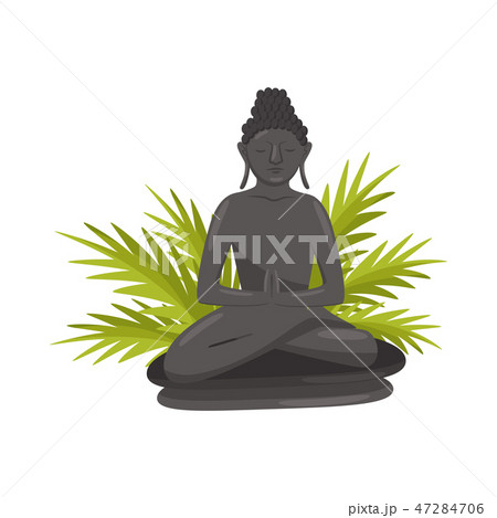 Bali Buddha statue and green palm tree leaves. Cultural symbol. Historical monument. Flat vector Bali Buddha statue and green palm tree leaves. Cultural symbol. Historical monument. Flat vector 47284706