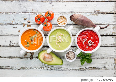 colorful vegetable cream soups 47289295