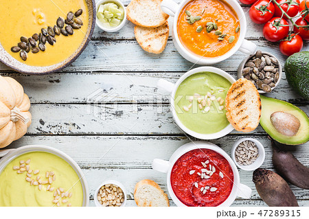 colorful vegetable cream soups colorful vegetable cream soups 47289315