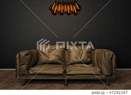 Loft interior mock up photo. Brown leather sofa and minimalist luster with Tesla lamps. Background Loft interior mock up photo. Brown leather sofa and minimalist luster with Tesla lamps. Background 47292267